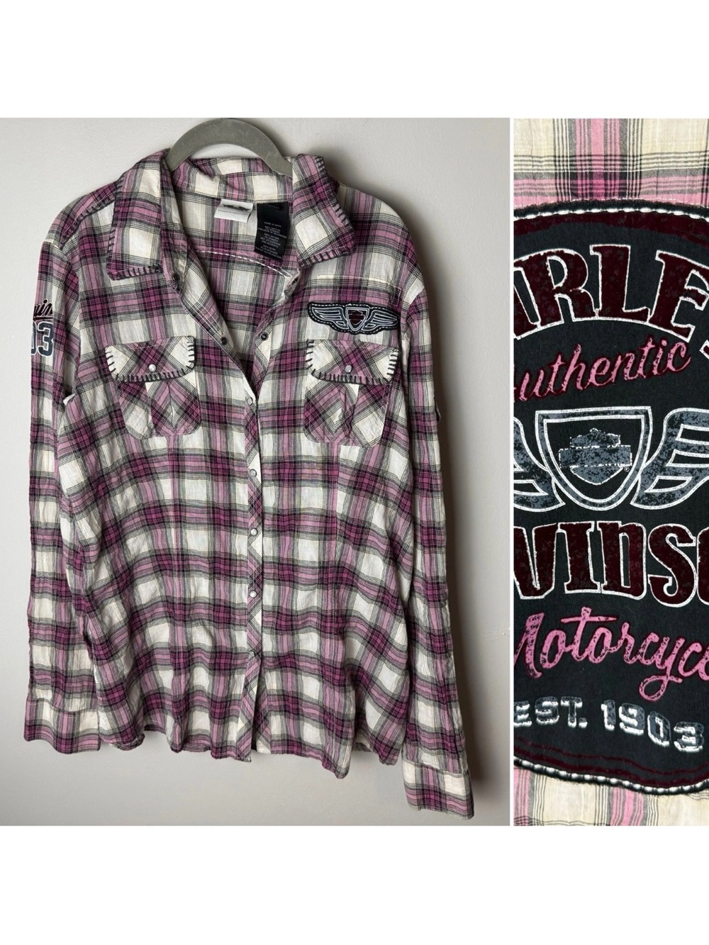 Harley Davidson Size XL Plaid Shirt Pink Black Snap Velvet Back Patch Motorcycle